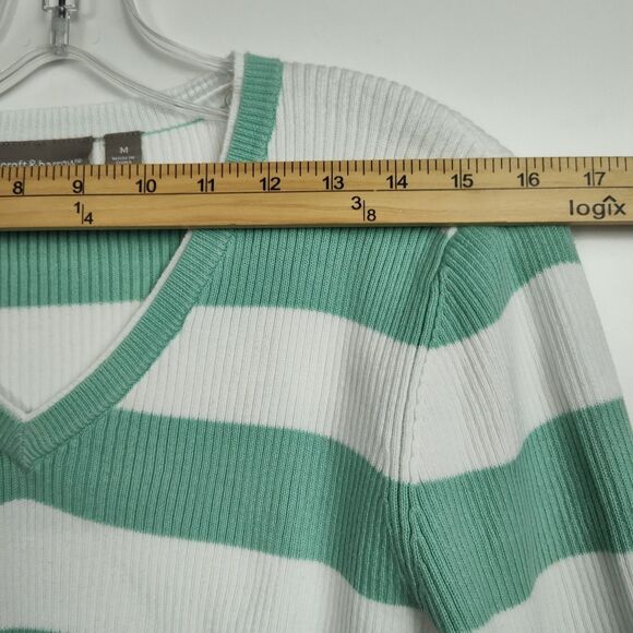 Croft & Barrow V-Neck Sweater Women's M Mint Green/White Stripes Long Sleeves - Picture 3 of 9